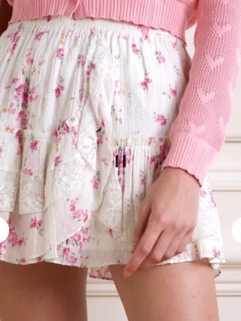 LoveShackFancy White Floral Ruffled Mini Skirt with Pink Accents